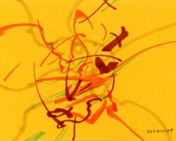 マーカーによる抽象画。黄色の凸凹した紙に中心へ向かって赤や紫、緑などの曲線が自在に描かれている。