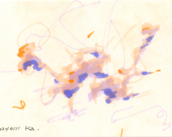 マーカーによる抽象画。夕焼け雲を連想させる色彩で「W」のような形状が描かれている。