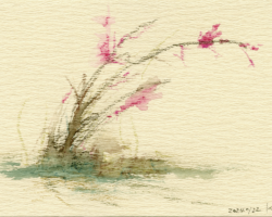 水彩クレヨンによる抽象画。ザラザラの紙に赤い花をつけた草花のような形が描かれている。
