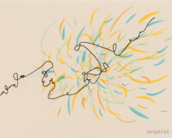 マーカーとペンによる抽象画。色々な色のマーカーで放射状に背景を描き、その上に黒いペンで曲線を描いた。