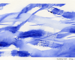 水彩絵の具による抽象画。青い色で波のような曲線を描いている。