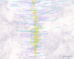 マーカーによる抽象画。雲のような模様のある紙に、薄い青や薄い紫で平行な線を多数描き、その上から垂直な黄色い曲線を描いている。