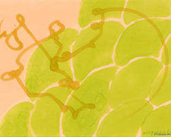 アルコールマーカーによる抽象画。薄オレンジ色の紙に黄緑で鱗のような模様を描き、上からカーキ色の筆で自由な曲線を描く。