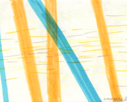カラーマーカーによる抽象画。雲のようなテクスチュアのある紙に、細かく短い横線を沢山描き、その上に太い5本の線が紙を縦断している。