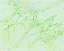 線による抽象画。薄緑色の紙に、緑、黄、青のボールペンで流れを感じられる曲線を無数に描いている。