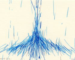 マーカーによる抽象画。細く青い線が中央に向かって薪のように組まれている。